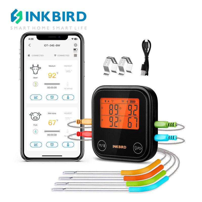INKBIRD IDT-34E-BW เครื่องวัดอุณหภูมิเนื้อบาร์บีคิวไร้สาย Bluetooth WiFi พร้อม 4 โพรบอุณหภูมินาฬิกาป