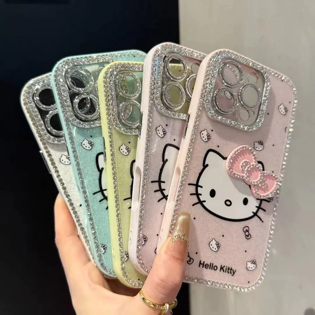 สองด้านฝังRhinestone 3Dโบว์การ์ตูนแมวสําหรับiPhone 13 14 15 16 Pro Max Anti fall hard CoverสําหรับiPhone15Promaxกรณีปลอก