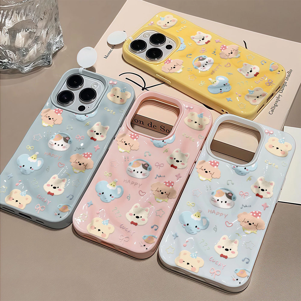 COD-ในไทย💥For iPhone 16 15 14 13 12 11 Pro Max X XS XR XS 7 8 6 16 Plus เคส สัตว์การ์ตูน Candy Color Wave คู่หนังนุ่มป