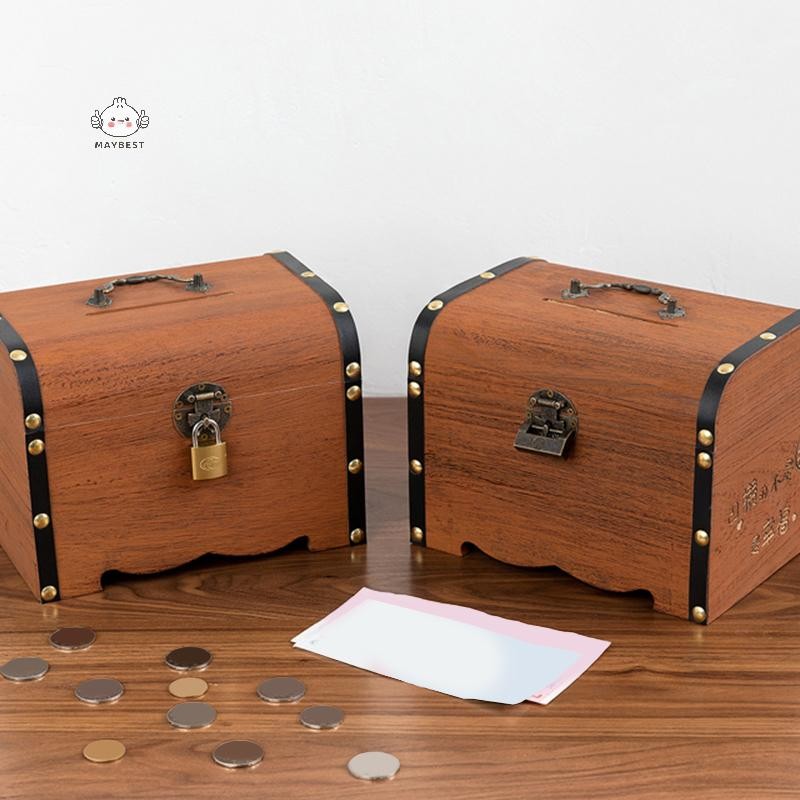 {maybest} 1 ชุด Vintage Treasure กล่องเก็บไม้หีบสมบัติพร้อมล็อค Piggy Bank Organizer กล่องประหยัดสําหรับตกแต่งบ้าน {TH}