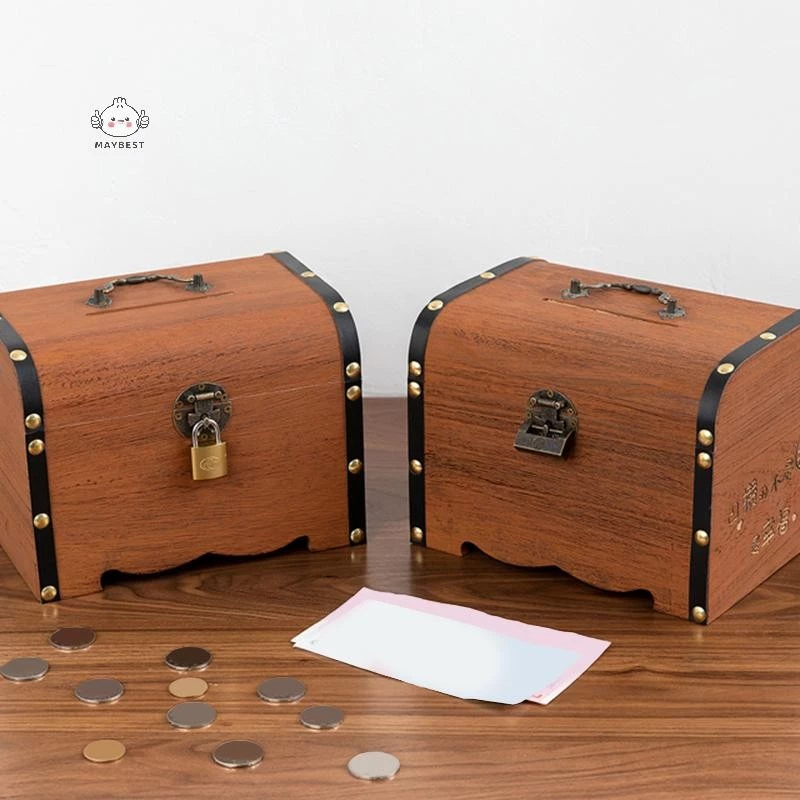{maybest} 1 ชุด Vintage Treasure กล่องเก็บไม้หีบสมบัติพร้อมล็อค Piggy Bank Organizer กล่องประหยัดสําหรับตกแต่งบ้าน {TH}