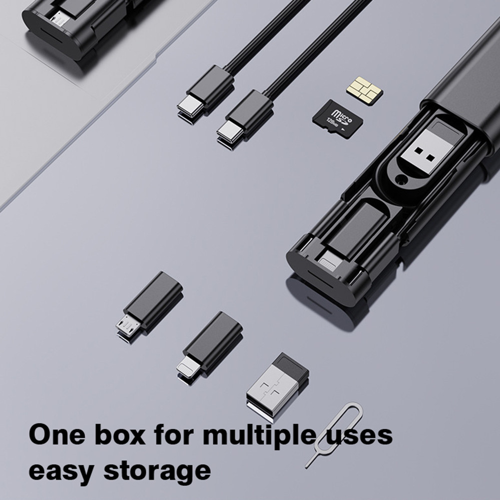 6 In 1 กล่องเก็บสายเคเบิลข้อมูลมัลติฟังก์ชั่น 60W กล่องเก็บสายเคเบิลข้อมูล Type-C คู่อินเทอร์เฟซ Lightning Android รองรับการใช้งาน