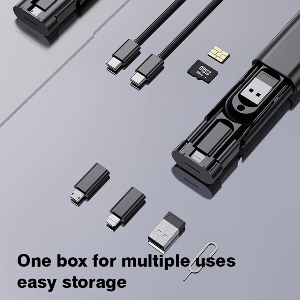 6 In 1 กล่องเก็บสายเคเบิลข้อมูลมัลติฟังก์ชั่น 60W กล่องเก็บสายเคเบิลข้อมูล Type-C คู่อินเทอร์เฟซ Lightning Android รองรับการใช้งาน