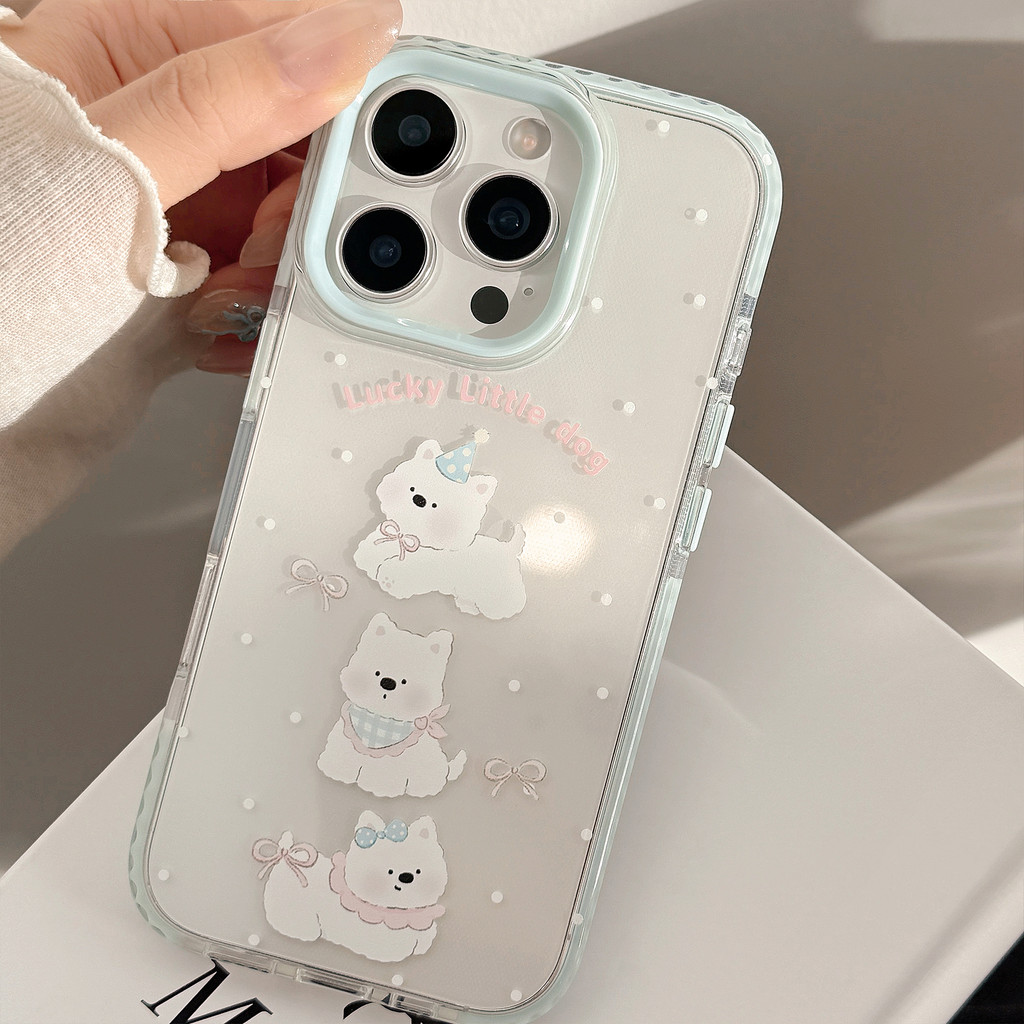 โปร่งใสสีฟ้า-ชายแดนการ์ตูนลูกสุนัขTPUสําหรับApple iPhone 11, 12, 13, 14, 15, 16 Pro Max