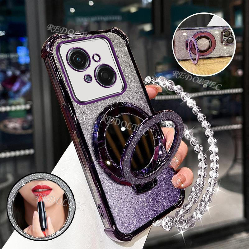 กรณี Tecno Spark GO 1 GO1S ใหม่ Gradient Glitter ปลอกกระจกแต่งหน้าแม่เหล็ก Stand Holder Tecno Spark GO1 S GO 1S เลนส์ป้องกัน Lanyard Bracket กันกระแทกฝาครอบโทรศัพท์