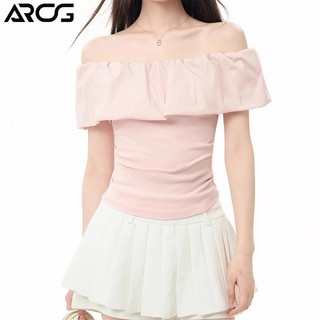 ARCG Merah Muda Kaos Wanita Model Korea Gaya Santai Off Shoulder Elegan Ramping Seksi Kaos Wanita Jalanan