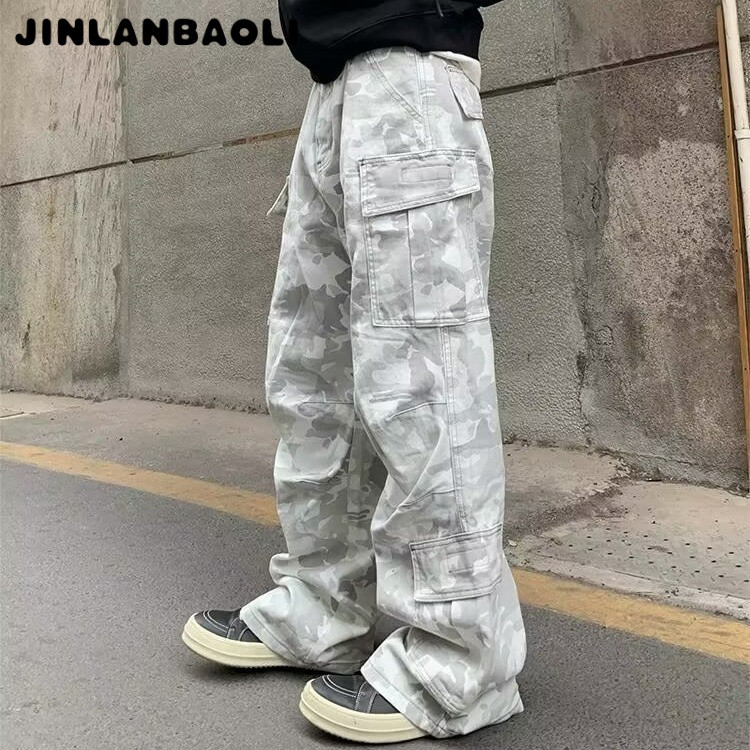 กางเกงใส่ทํางานลายพรางล้างกระเป๋าหลายกระเป๋าสําหรับผู้ชายและผู้หญิงกางเกงลําลองขากว้างขาตรงหลวม