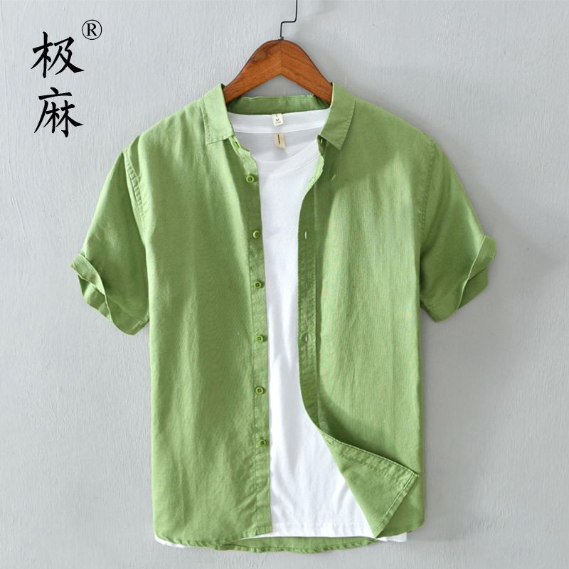 Extremely Linen Fresh Basic Casual Short-Sleeved Cotton Linen Shirt Mens Loose Youth Art Linen Shirt