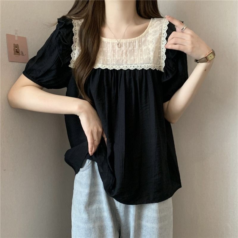 S❣️Silas Shop❣️    พลัสขนาดเสื้อผ้าผู้หญิงแขนสั้นสุภาพสตรีเกาหลีสั้นเสื้อฤดูร้อนหลวมลูกไม้ด้านบนเสื้อยืด