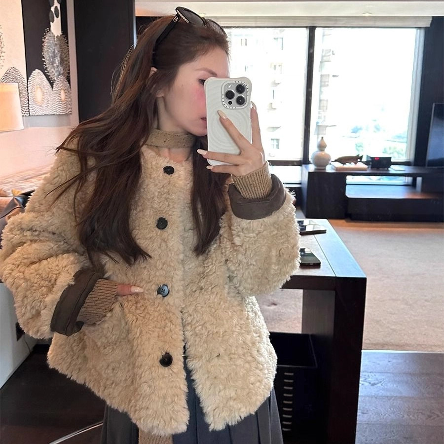 เสื้อโค้ทยาวสั้นสำหรับผู้หญิงแบบเกาหลี มาพร้อมขนสัตว์ แฟชั่นฤดูหนาว