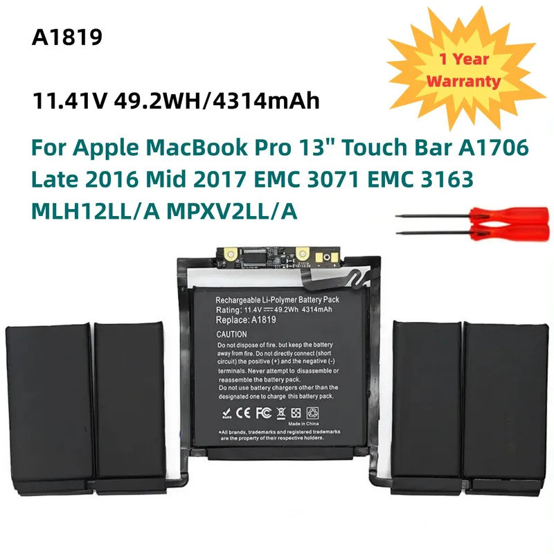 A1819 11.41V 49.2WH Battery for Apple MacBook Pro 13'' Touch Bar A1706 Late 2016 Mid 2017 EMC 3071 E