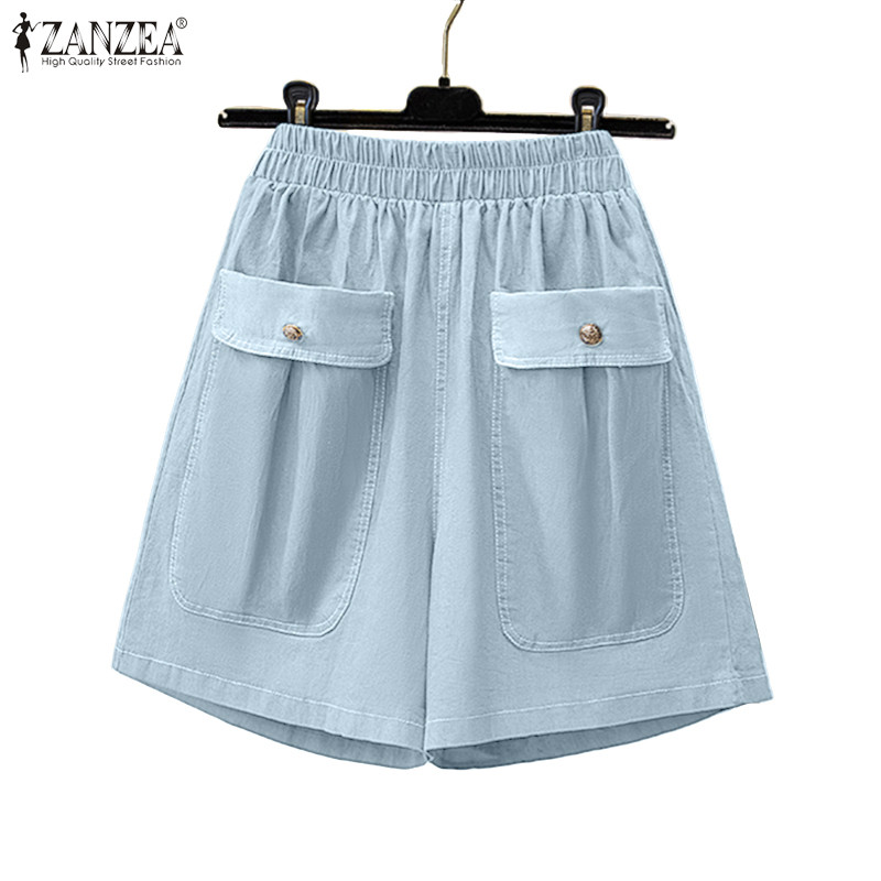 ZANZEA กางเกงขาสั้นผู้หญิง สไตล์เกาหลี มีเอวยางยืดและกระเป๋า ใส่สบายสำหรับวันสบายๆ