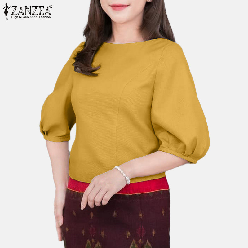 ZANZEA เบลาส์สำหรับผู้หญิง สไตล์เกาหลี แขน3/4 คอกลม สีพื้น — صورة 6