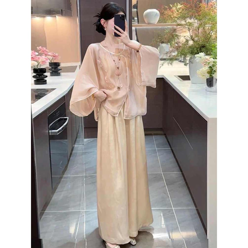 {Subi-Oder}ชุดเสื้อสไตล์จีนใหม่สําหรับผู้หญิงขนาดบวกกางเกงขากว้างระดับไฮเอนด์ครบชุดชุดสองชิ้นสําหรับ