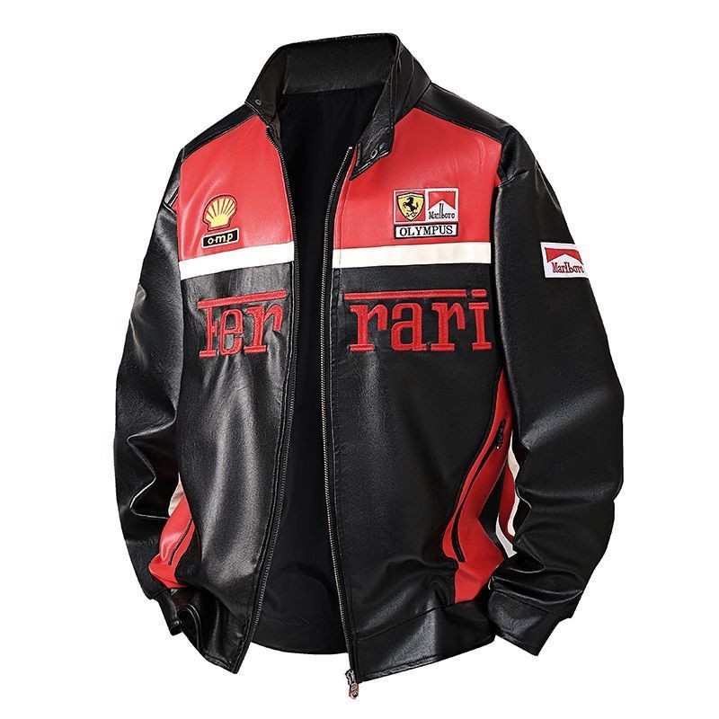 Ferrar racing leather jacket, SF90, PUROSANGUE, F1 racing suit, stand-up collar, buckle zipper desig