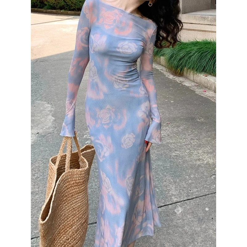 Mo Blue France Elegant Two Piece Set Women Floral Print Party Long Dress Set Female Slim Korean Fash