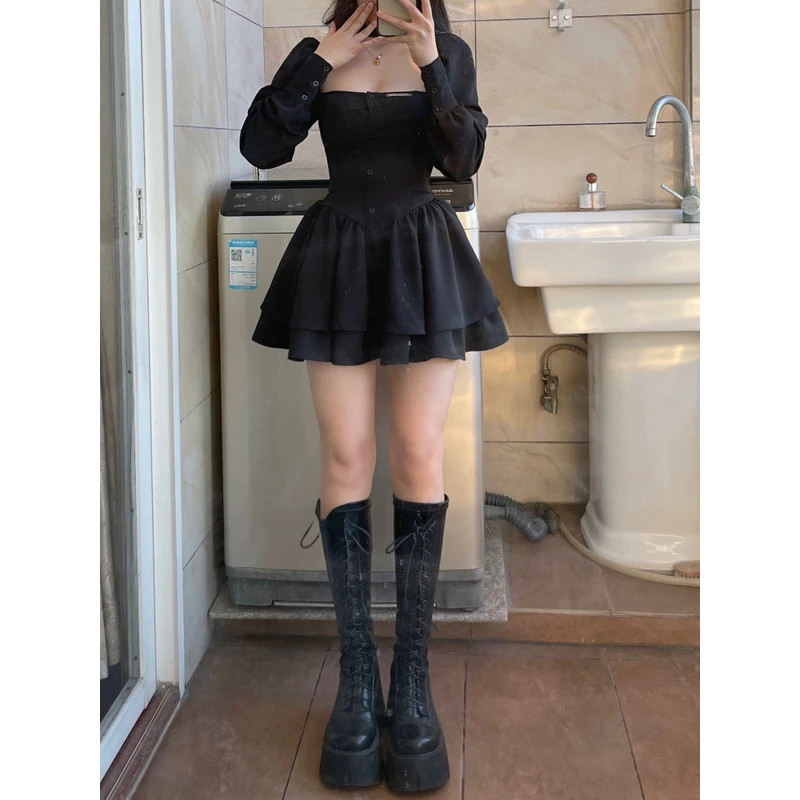 Mo Black Vintage 3 Piece Skirt Set Women Sexy Lolita Y2k Mini Skirt Suit Female Casual Korean Fashio
