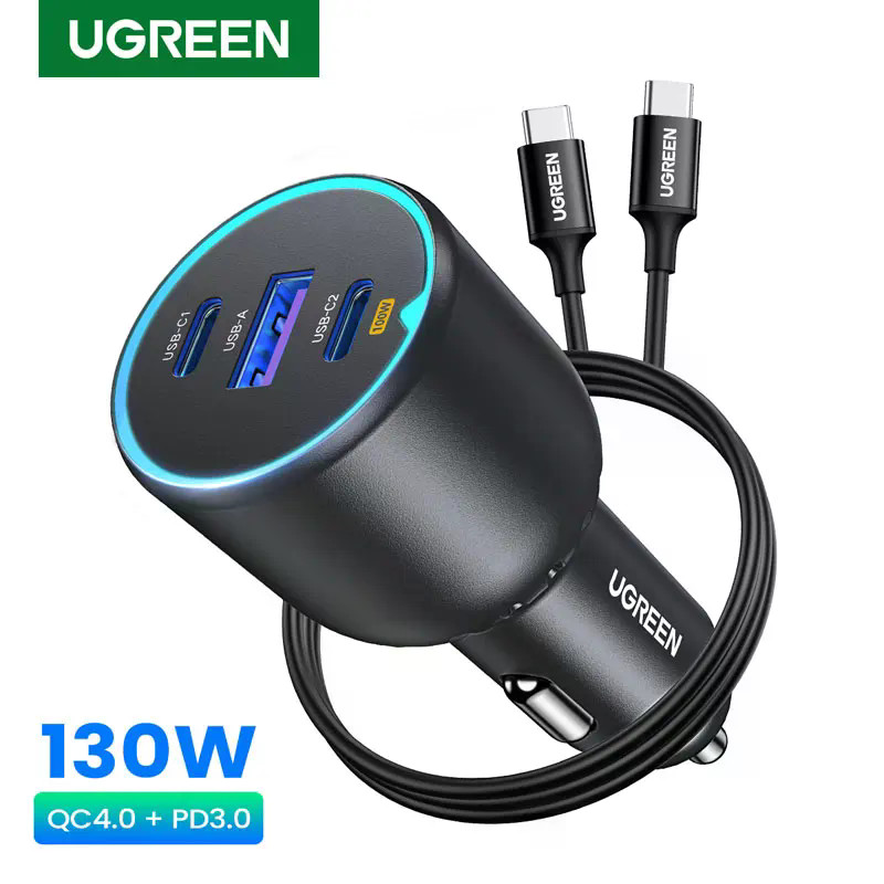 UGREEN 130W USB C Fast Car Charger พร้อมสาย PD สําหรับ Fast USB C Car Charger QC4