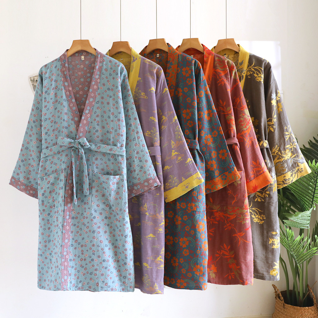 เสื้อคลุมอาบน้ําย้อมเส้นด้ายฝ้ายแท้/ชุดนอนกิโมโนญี่ปุ่น/สุภาพสตรีฤดูใบไม้ผลิฤดูใบไม้ร่วงบางย้อนยุค ผ้าแจ็คการ์ด ชุดนอน/ยูคาตะ/เสื้อกันหนาว/เสื้อคลุมบ