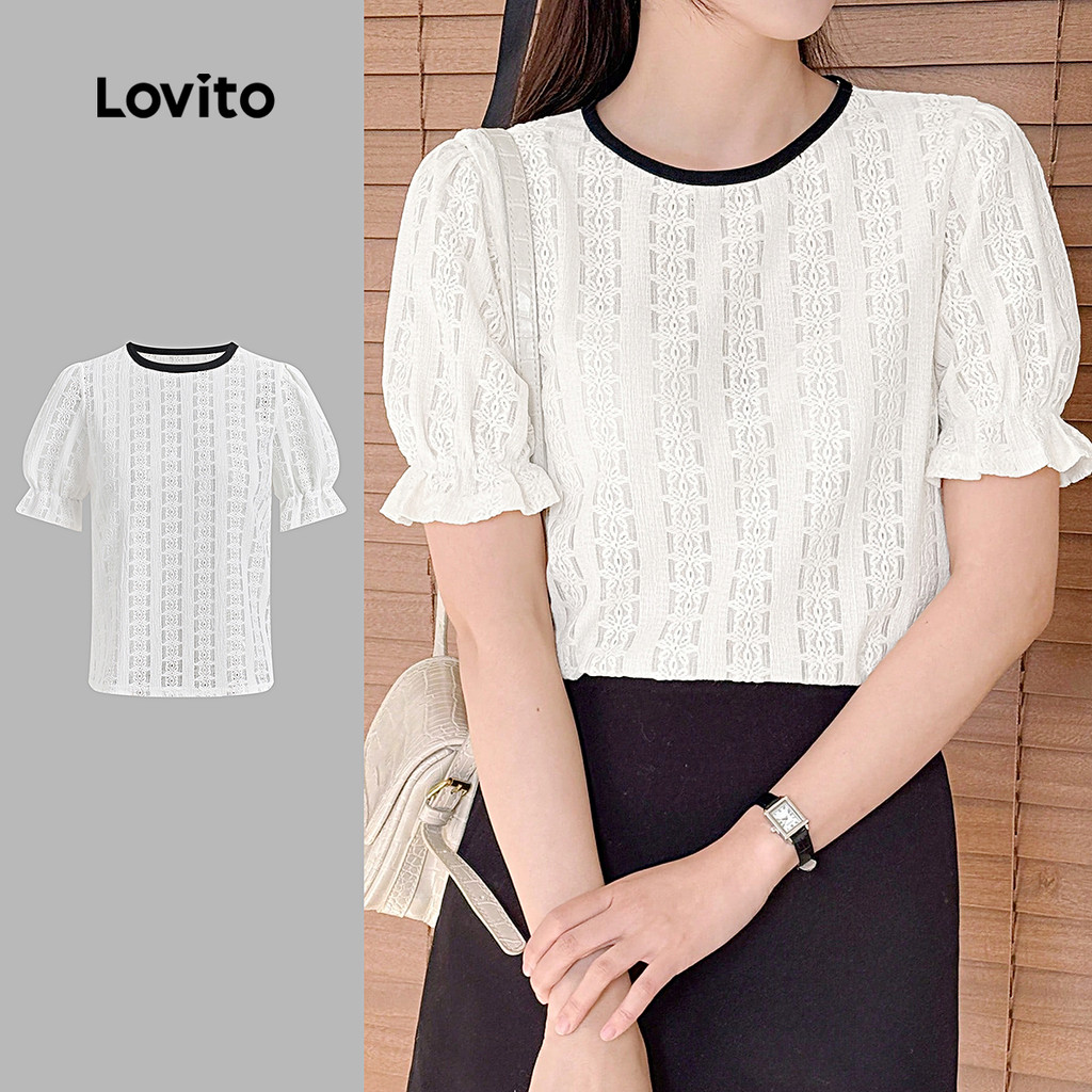 (New) Lovito เสื้อเชิ้ตแขนยาวสำหรับผู้หญิง สไตล์คลาสสิก โดดเด่นด้วยดีไซน์คอนทราสต์สำหรับฤดูใบไม้ผลิ/ฤดูร้อน L142LD286