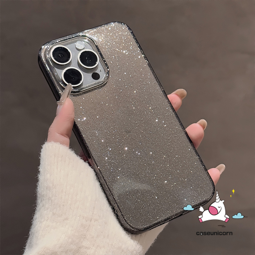 Cool สีดําหรูหรา Glitter Powder สําหรับ IPhone 15 13 14 16 11 12 Pro Max XR 7Plus X XS Max 14 6 16 7 15 6s 8 Plus SE2020 ง่ายอินเทรนด์กันกระแทกเคสใสนุ่ม - รูปที่ 2