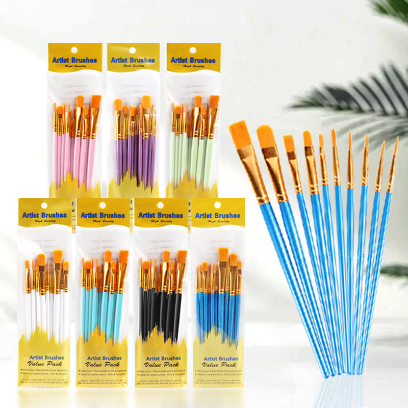 🎨พร้อมส่ง พู่กัน ระบายสี ด้ามน้ำเงิน หัวกลม หัวแบน สำหรับสีอคริลิค สีน้ำ ขนาด17ซม. แปรงระบายสี