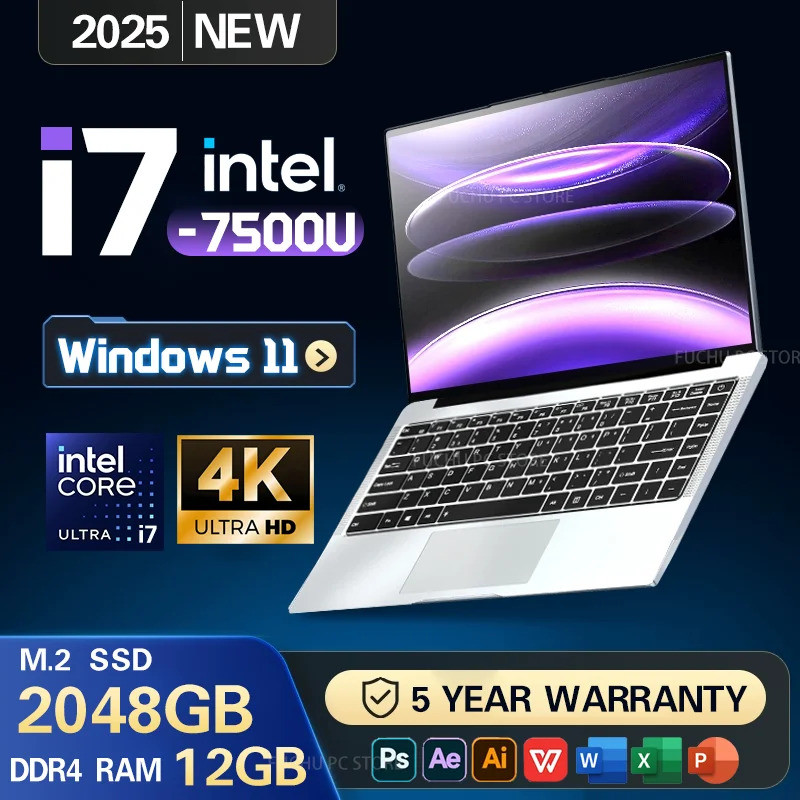 2025 แล็ปท็อปสํานักงาน Windows 11 Intel i7-7500U/N3700 Laptop14.1" คอมพิวเตอร์โน้ตบุ๊ค 4K HD Intel C