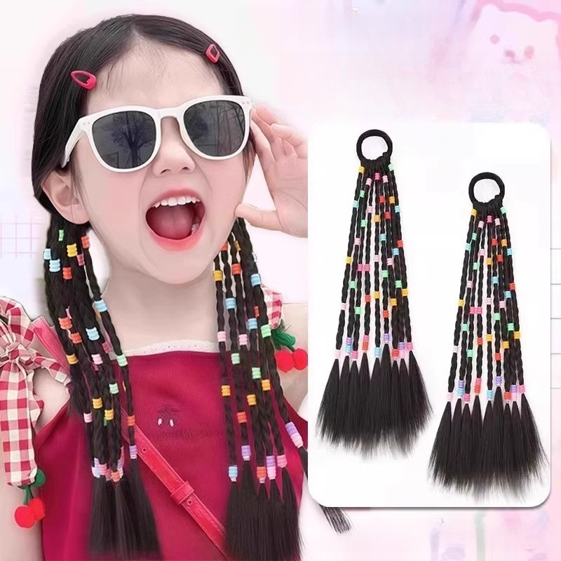 เครื่องประดับผมเปียมวย 2 ชิ้น ยางรัดผมลูกปัดสีสดสำหรับเด็กหญิง แต่งเติมลุคให้เท่ๆน่ารัก