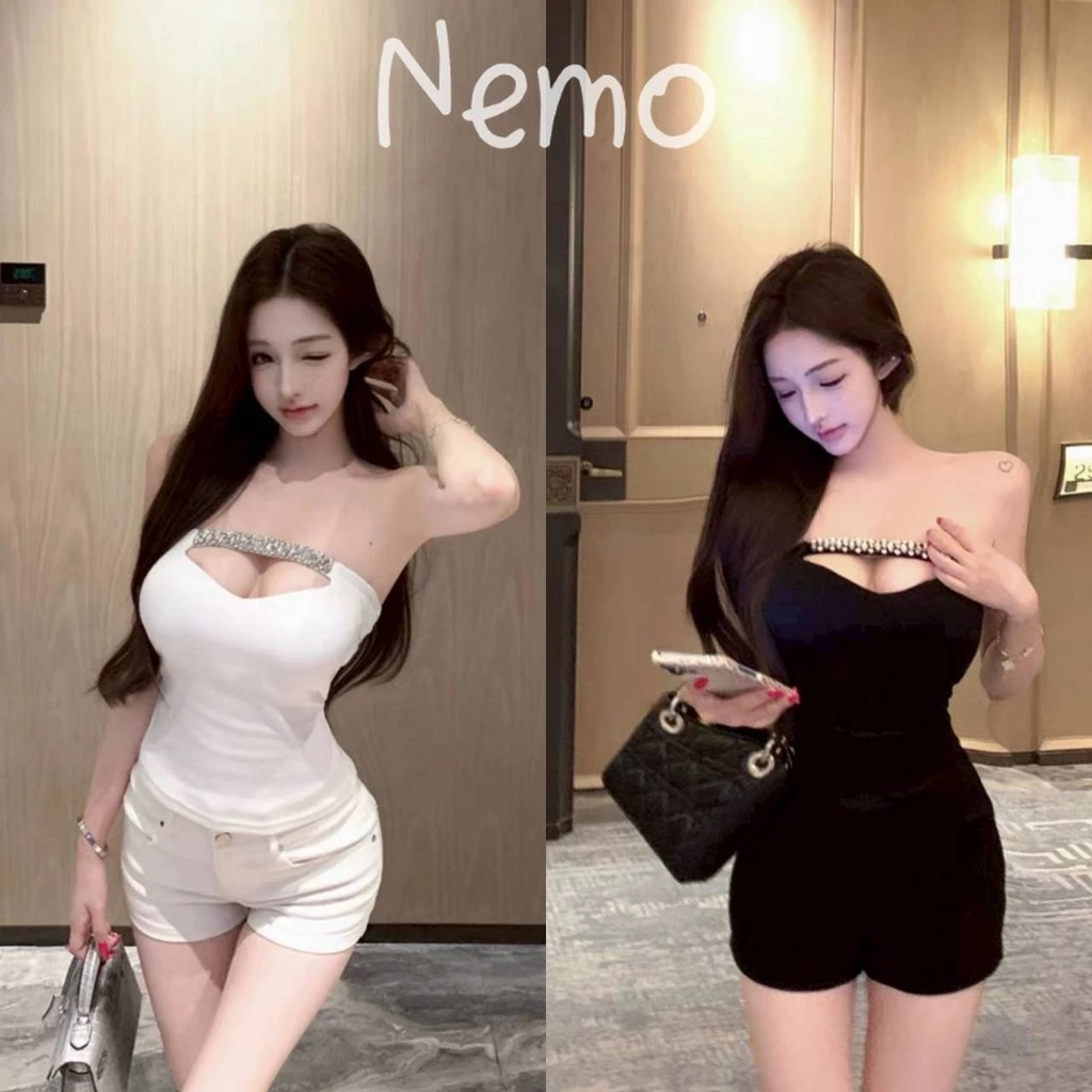 Nemo store🌸#FY2928 เสื้อเกาะอก สีพื้น ดีเทลเรียบหรูดูแพง น่ารักๆ แต่งเพชรเพิ่ม เสื้อสตรี ดีไซน์เรียบหรูดูสง่างาม