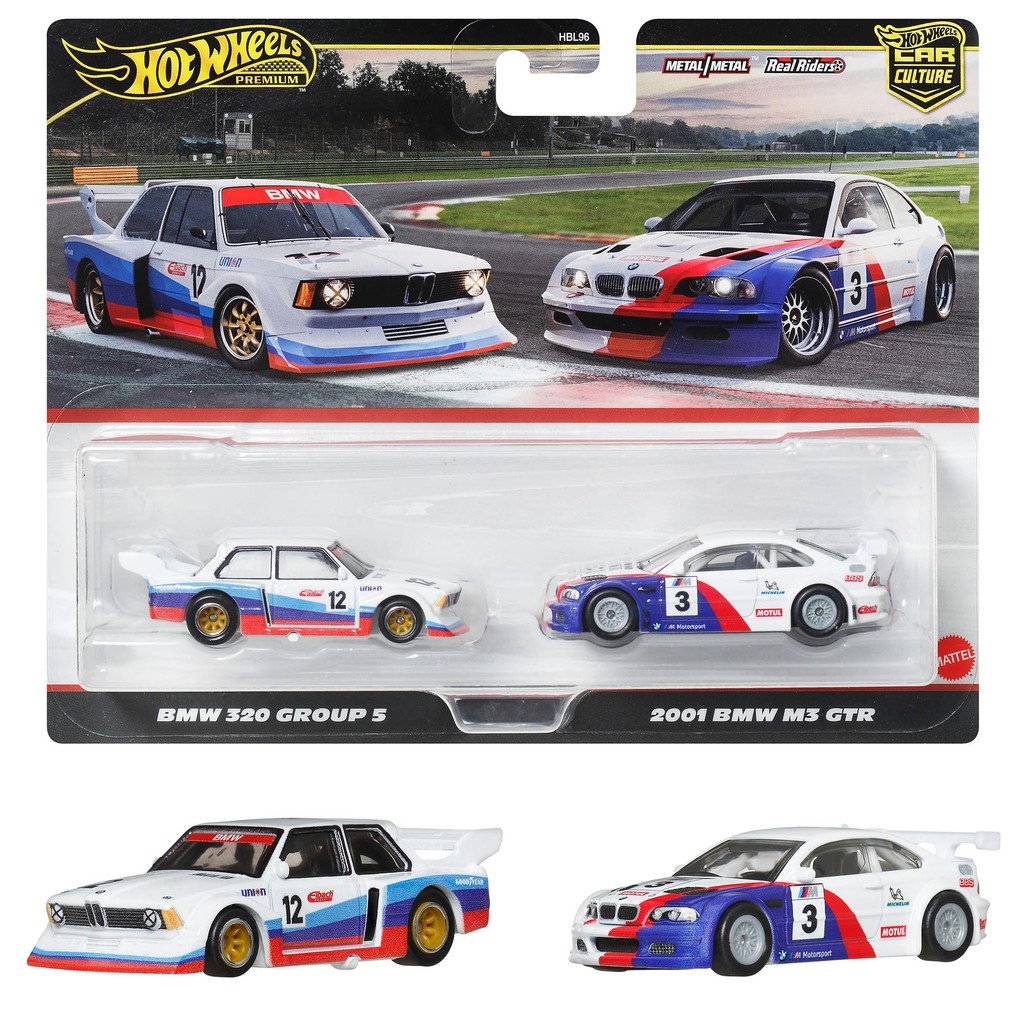 รถของเล่น Hot Wheels Premium 2-Pack BMW 320 Group 5/2001 BMW M3 GTR สำหรับเด็กอายุ 3 ปีขึ้นไป อเนกปร