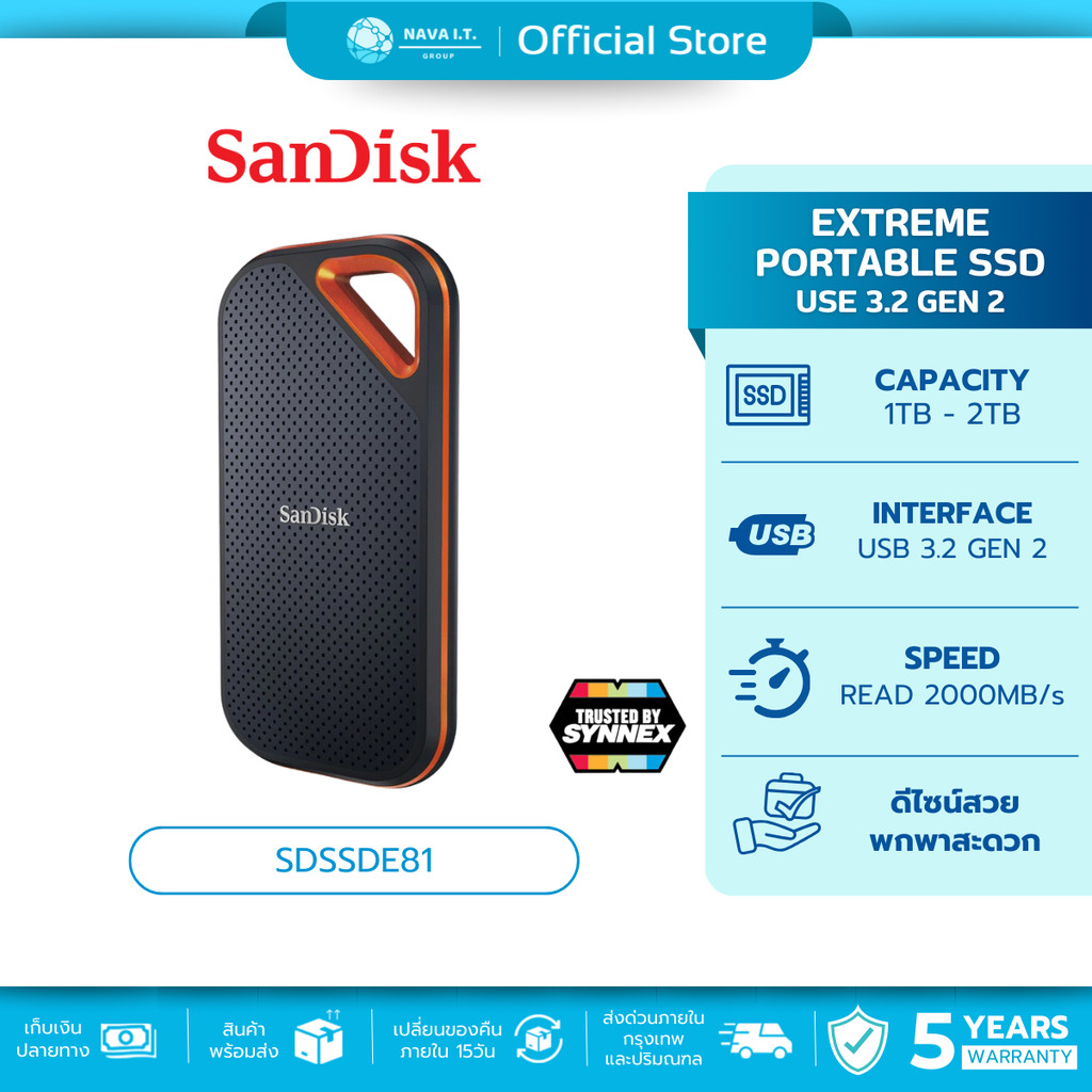 (มีส่งด่วน) SANDISK SSD Extreme Pro Portable 1TB/2TB (SDSSDE81) รับประกัน 5 ปี