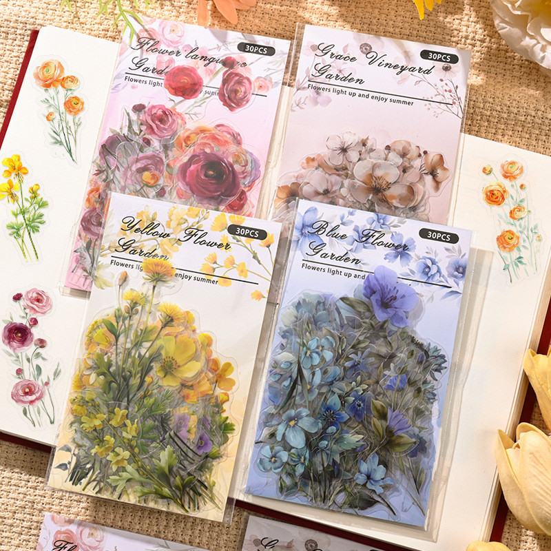 30 ชิ้นต่างๆดอกไม้ธีมกันน้ํา PET สติกเกอร์ตกแต่ง DIY วัสดุ Decals