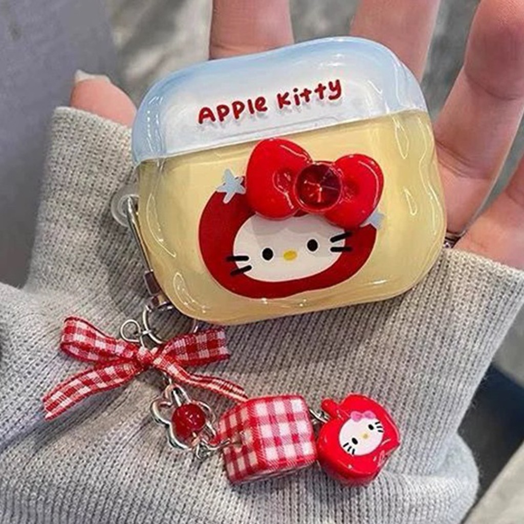 สําหรับ Airpods 4 Pro 3 2 1 Contrast สี Apple Hello Kitty 3D Bowknot Decor Wave Edge หูฟังฝาครอบ Anti-lost จี้ Soft TPU กันกระแทกหูฟังไร้สายป้องกันกรณี
