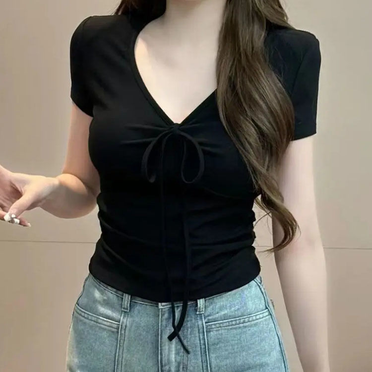 เสื้อยืดแขนสั้นผู้หญิง ดีไซน์เก๋ คอปกพับลูกไม้ TDY