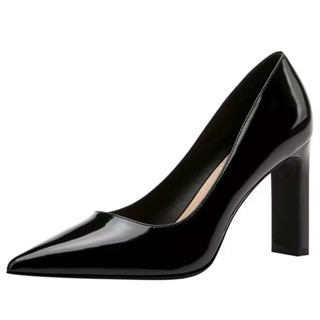 เก็บเงินปลายทาง รองเท้ามินิมอลสตรี รองเท้าส้นสูงแฟชั่น หนังเ…