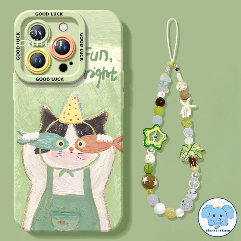 เคสไอโฟน11 สำหรับ IPhone 13 11 15 16 12 14 Pro Max 7 16 8 14 15 Plus XR XS X Max เคสสร้อยข้อมือลายการ์ตูนแมวสีเขียวสด