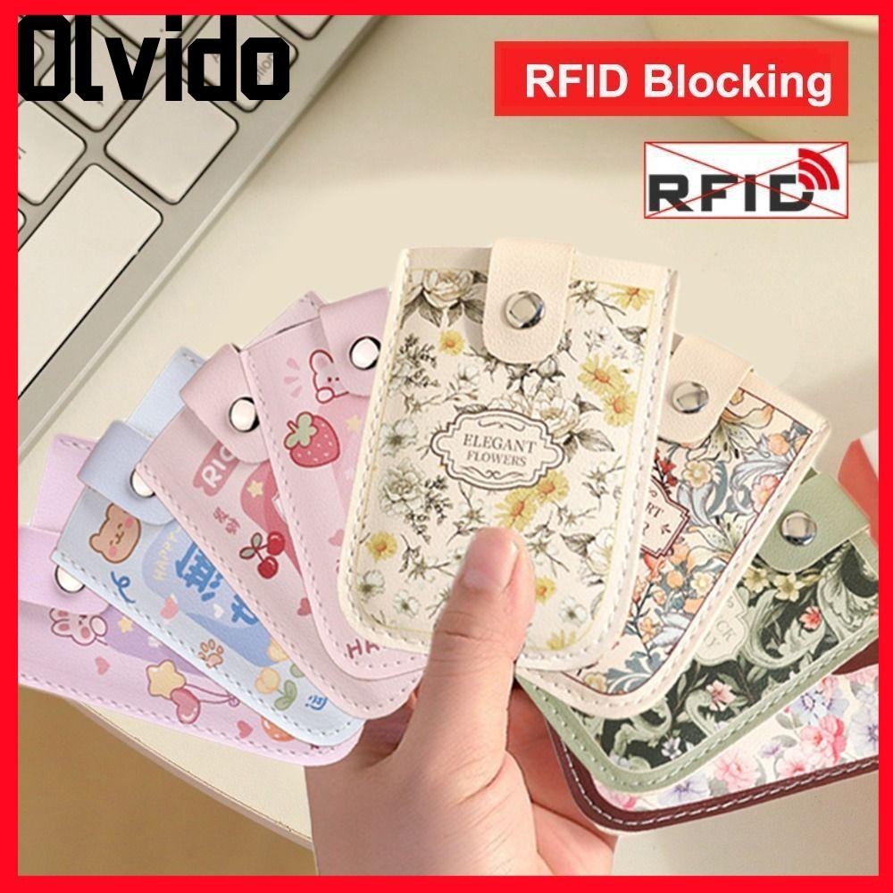 Olvido กระเป๋าสตางค์มินิการ์ด,ลามิเนตปกปิด RFID Blocking ID Card Holder, Slim 5 Card Pockets Pull-out Type PU Leather Business Card Women