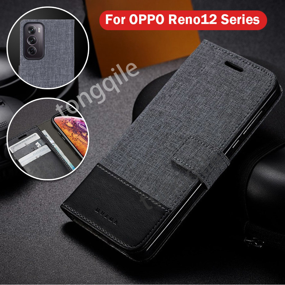 ผ้าใบพลิกกรณีสําหรับ OPPO Reno12 Pro Reno 12 12Pro 5G 2024 หนังผ้าฝาครอบโทรศัพท์ปลอกช่องเสียบการ์ดกระเป๋าสตางค์ขาตั้งกันกระแทกกันชน Anti ลายนิ้วมือ Anti Drop