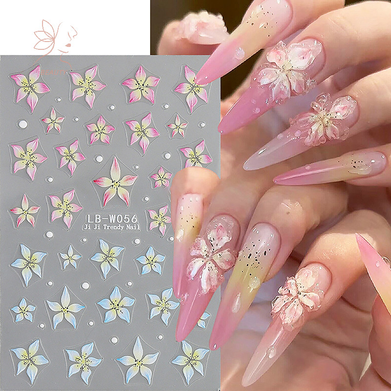 [maybeauty] 1 แผ่นสีชมพู Lily ดอกไม้เล็บสติกเกอร์บรรเทา 3D Jelly ห้ากลีบดอกไม้ตกแต่งเล็บ Decals Diy Selfกาว Sliders {TH}