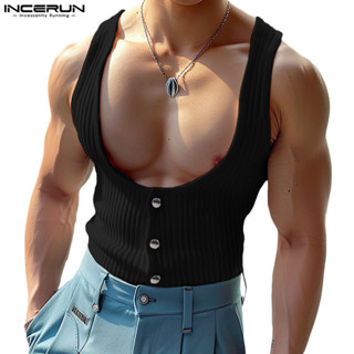 Incerun เสื้อกล้ามแฟชั่นแขนกุดลายทางลําลองสําหรับบุรุษเกาหลี