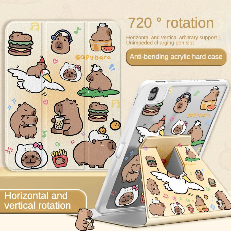 เคส Ipad 360 ° Rotationhamburger Fish Capybara พร้อมที่วางปากกาเหมาะสําหรับอะคริลิค iPad Air6 Gen7/8/9 10.2 Gen5/6 9.7 Air4 Air5 10.9 Pro11 Gen10