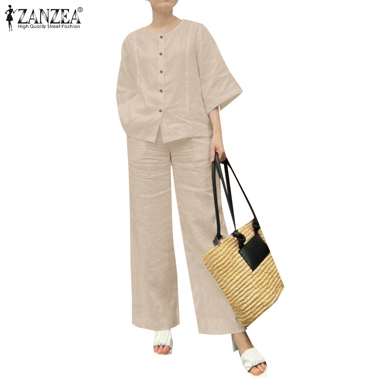 ZANZEA ซานเซีย ผู้หญิงแฟชั่นเกาหลีสามในสี่แขนขากว้าง โอ-คอ กระเป๋าชุด