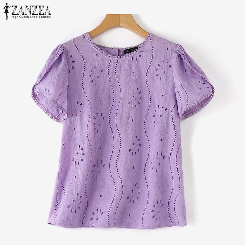 Zanzea เสื้อเชิ้ตแขนสั้นคอกลมแขนสั้นแฟชั่นเกาหลีสําหรับผู้หญิง