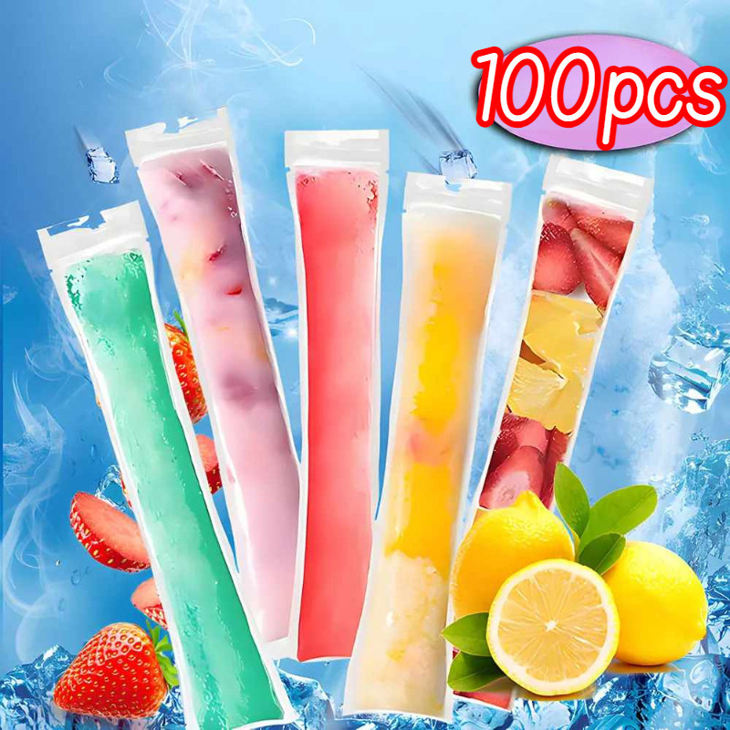 100 ชิ้นทิ้งน้ําแข็งไอติมแม่พิมพ์ถุงปิดผนึกตัวเอง/อาหารเกรดโฮมเมดน้ําแข็ง Lolly กระเป๋าหลอดแช่แข็ง/ DIY ไอศกรีม Mould