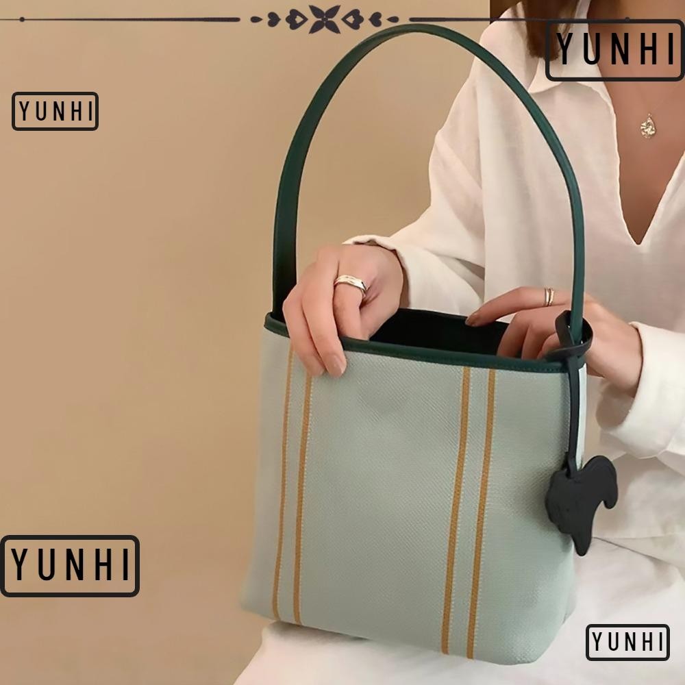 Yunhi Tote Bag กระเป๋าสะพายแฟชั่น Dacron ทรงสี่เหลี่ยม, กระเป๋าทรงถังสีตัดกันสีเขียวความจุขนาดใหญ่