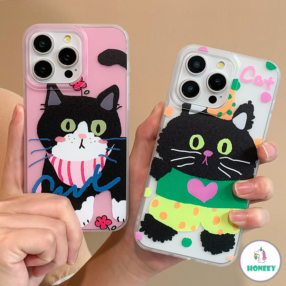 แฟชั่นเกาหลีสีดํา Kitty Cat Graffiti Matte Clearเคสโทรศัพท์สําหรับIphone 15 14 Pro Max 11 12 13 Plus XR XS Max 7Plus 8Plusยืดหยุ่นบางพิเศษกันกระแทกนุ่มโทรศัพท์ฝาหลัง