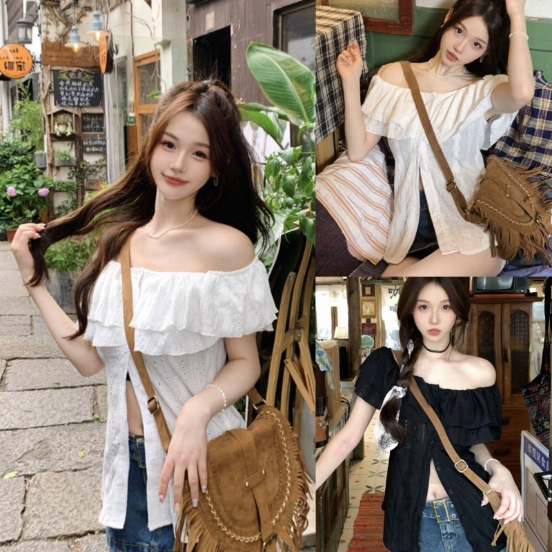 SimpleStore จัดส่งในกรุงเทพฯ ฤดูร้อนผู้หญิงแฟชั่นหนึ่งไหล่ลูกไม้แขนสั้นเสื้อ 049
