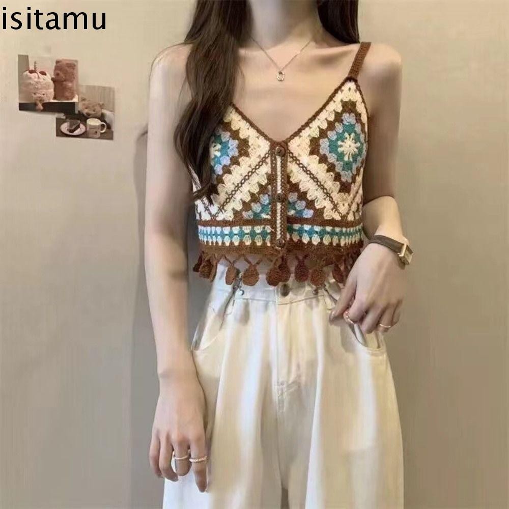 Isitaft เย็บปักถักร้อยดอกไม้ Camisole, ลายพู่ถักบิกินี่ Tanks Top, หวานสไตล์ชาติพันธุ์ชายหาดสวม V คอโบฮีเมียสไตล์เสื้อกั๊ก Party