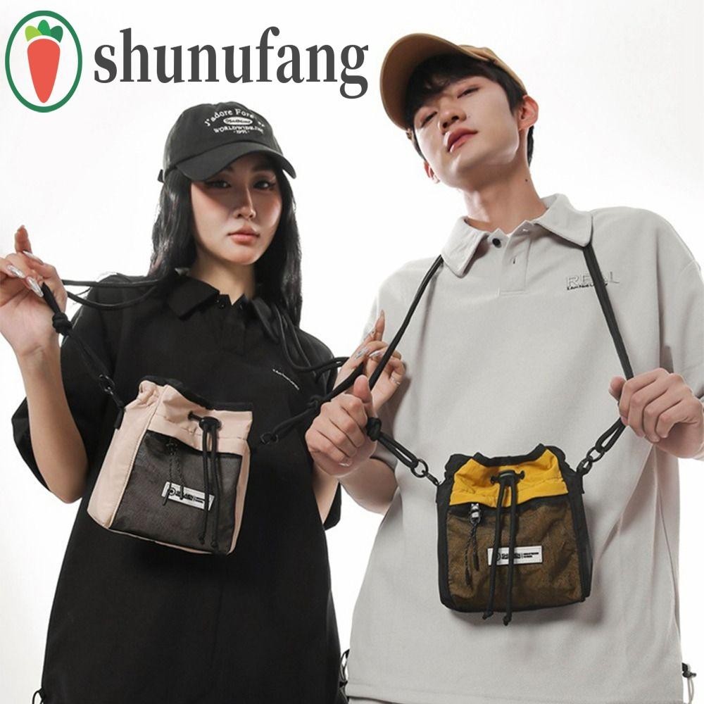 Unuf Drawstring Crossbody Bag, Nylon Pleated Men Messenger Bag, Portable Square Lightweight Korean Style Mini HandBag Student