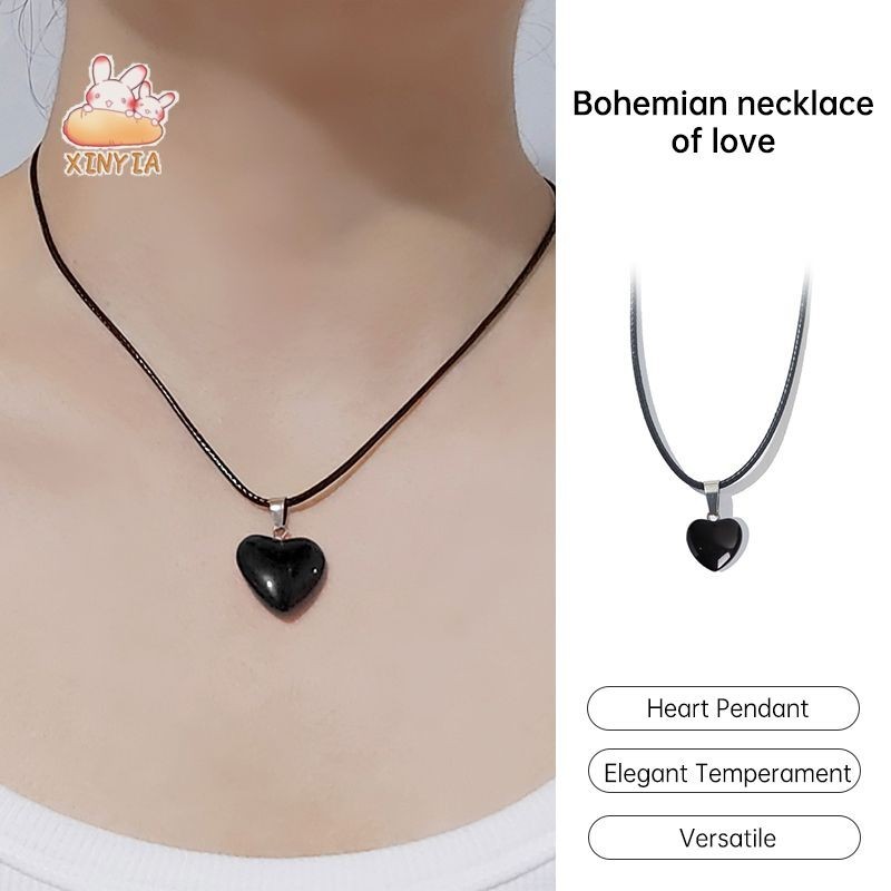 สร้อย หัวใจ หินธรรมชาติ เชือกถักสีดํา แบบเรียบง่าย insสไตล์เกาหลี เครื่องประดับแฟชั่น สําหรับผู้หญิงXINYIA.TH